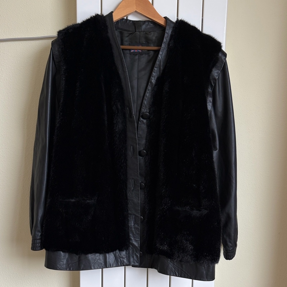 Vintage from the 1980’s black faux fur and leather jacket- Large